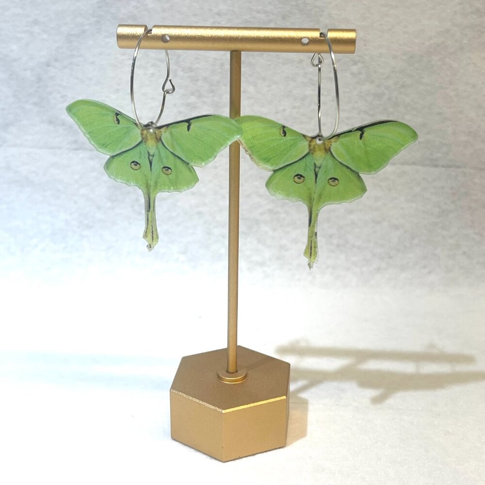 Green Luna Moth Acrylic Hoop Earrings – Statement Nature Earrings